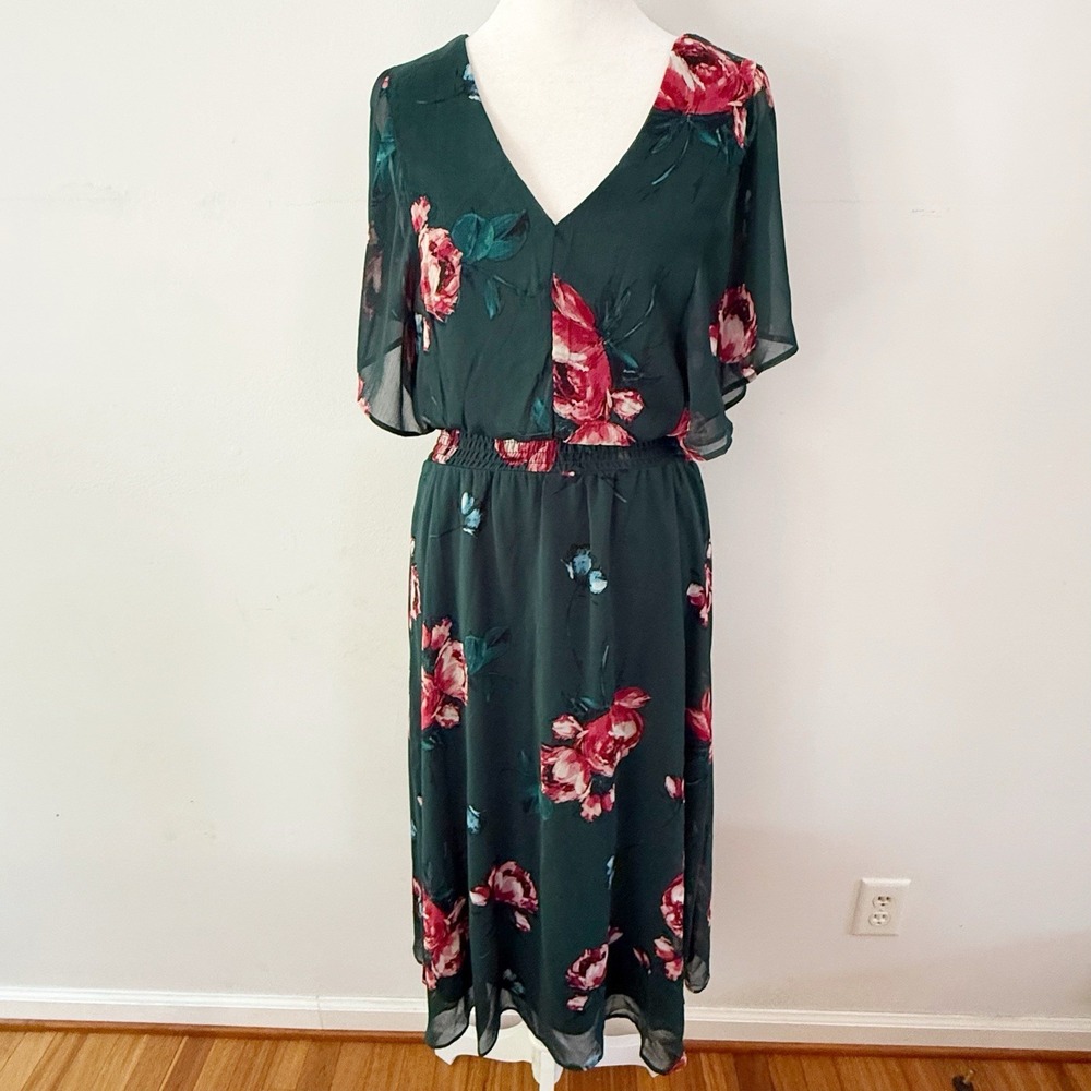 DKNY Midi Dress Women 10 Floral Chiffon Flutter Sleeve Romantic Feminine Modest